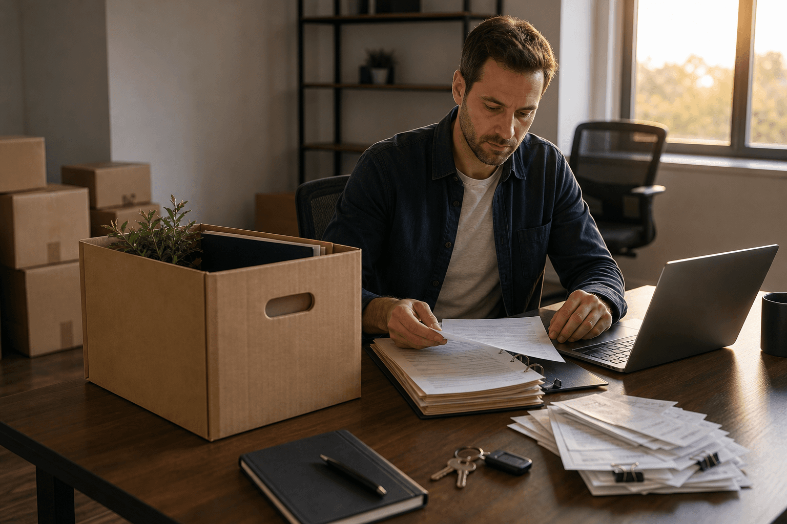 Gründer prüft finale LLC-Unterlagen neben Archivbox, Laptop, Belegstapel und Büroschlüsseln während einer geordneten Abwicklung.