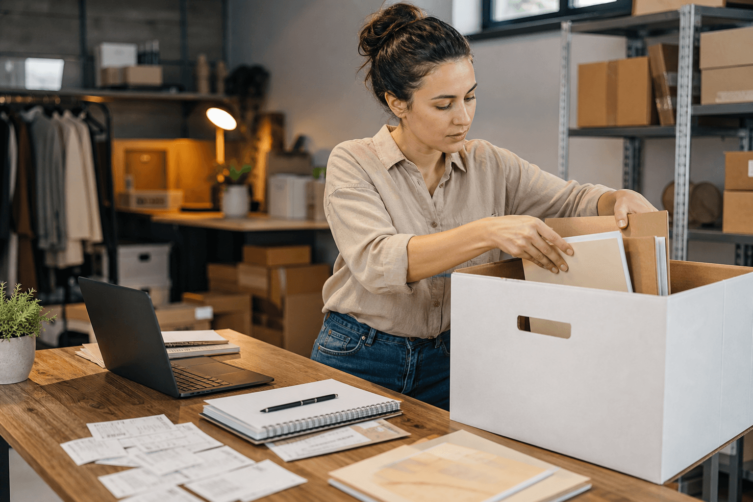 Gründerin legt organisierte LLC-Unterlagen in eine Archivbox neben Laptop, Checkliste und Geschäftsunterlagen.