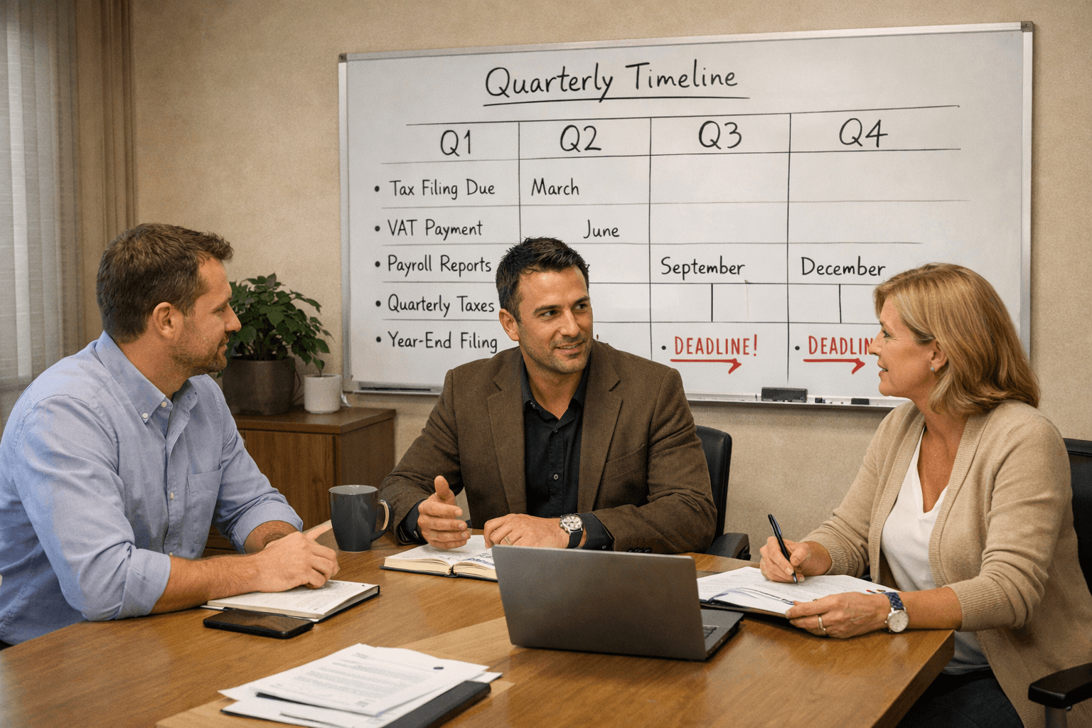 Three business owners reviewing a quarterly tax timeline on a whiteboard during a planning meeting.