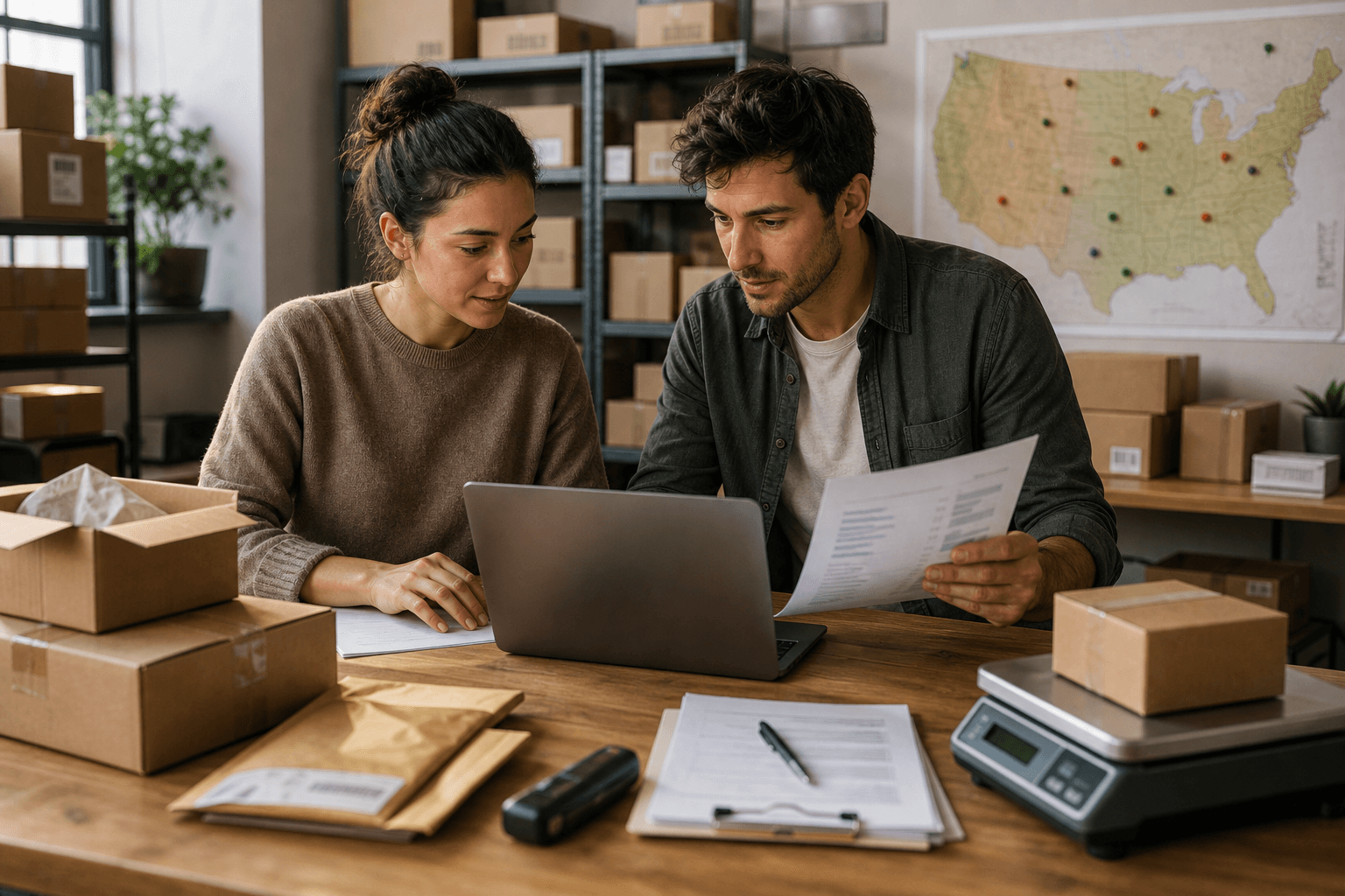 Propriétaires de boutique en ligne examinent les ventes par État sur un ordinateur à une table d'emballage avec colis, balance et carte des États-Unis.