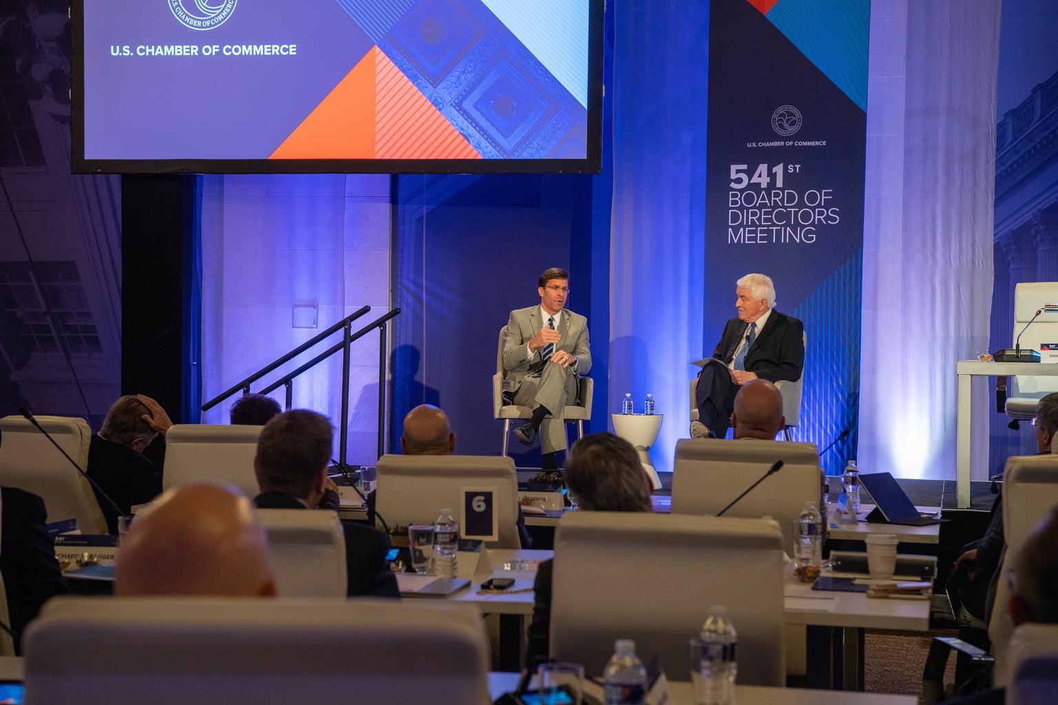 Mark Esper answers questions during a U.S. Chamber of Commerce board of directors meeting in Washington, D.C.