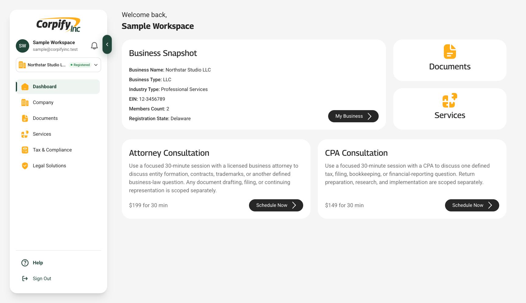 Sample CorpifyInc dashboard with the updated sidebar, registered business details, and Documents and Services shortcuts for Northstar Studio LLC.